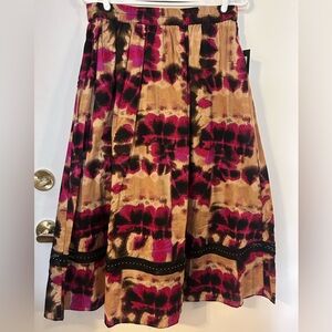 DKNY A-Line Inkblot Design Skirt in Tan, Magenta & Black, Pockets, Elastic Waist
